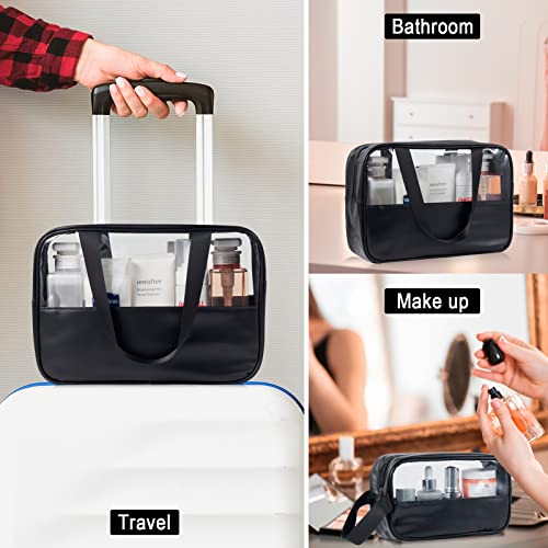 3 Pack/Size Waterproof Travel Toiletry Bag, Clear Cosmetic Makeup Bags PVC and Black PU Splicing, TSA Approved Carry on Pouch, Portable Travel Organizer for Vacation, Bathroom, Airplane4