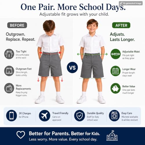 Image of Bienzoe Boys School Uniform Shorts: Flat Front Cotton Bermuda - Adjustable Waist - Breathable for Church Outdoor - Aged 4-13
