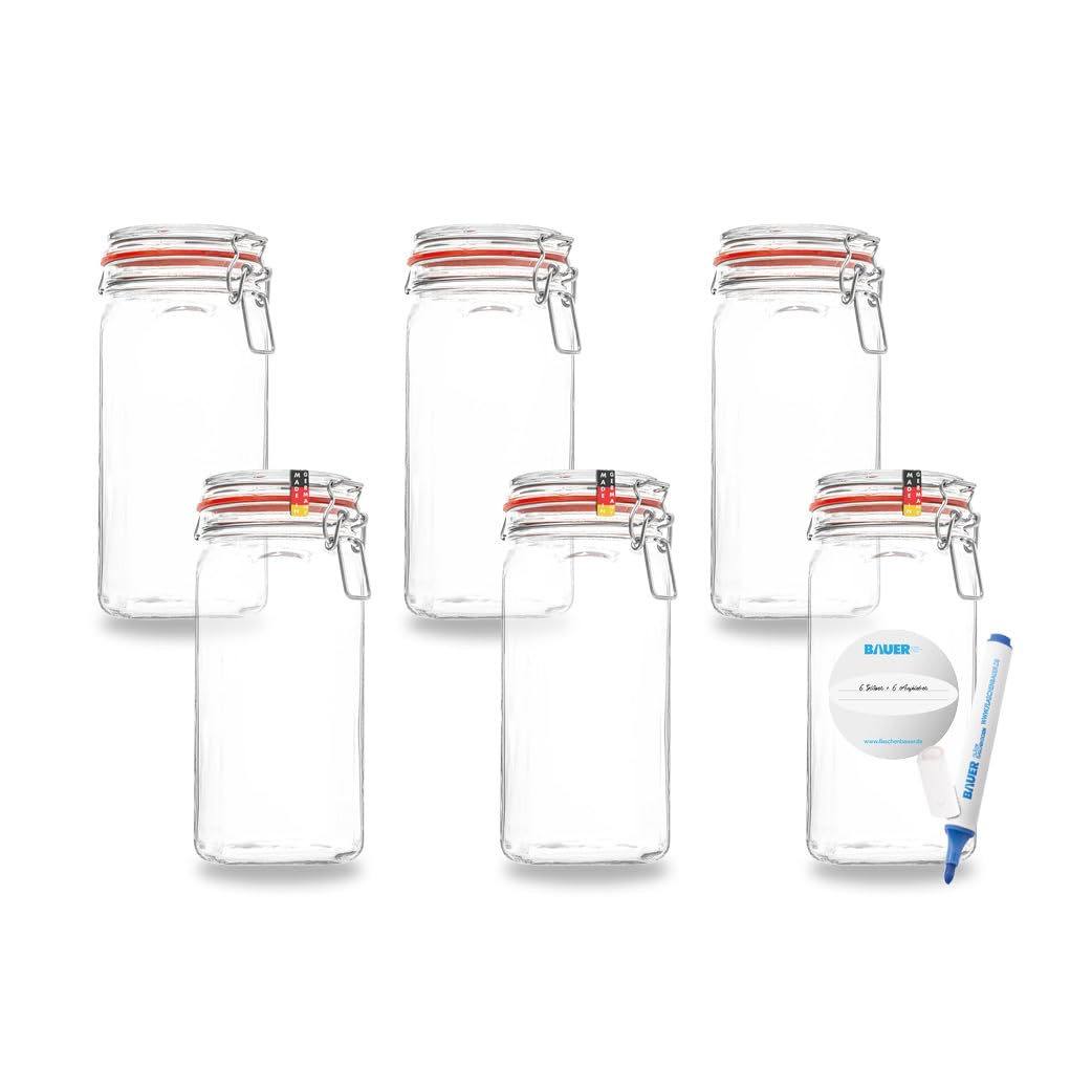 Flaschenbauer - 6-teiliges Set Drahtbügel-Vorratsgläser 1550ml, geeignet als Einmach- und Fermentierglas, zur Aufbewahrung, zum Befüllen, inklusive Etiketten, Gläser mit Drahtbügel - Made in Germany