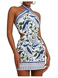 MakeMeChic Women's Chiffon Printed Halter Dress Tie Backless Criss Cross Cut Out Summer Mini Dresses Blue and White X-Small