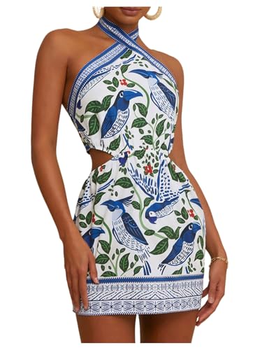 MakeMeChic Women's Chiffon Printed Halter Dress Tie Backless Criss Cross Cut Out Summer Mini Dresses