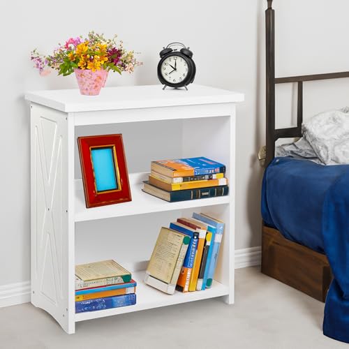 Image of Rustic Bedside Table with Storage Shelf, Wood End Table for Bedroom & Living Room, Narrow Farmhouse Side Table, Modern Nightstand for Bedroom, Living Room and Office (White)