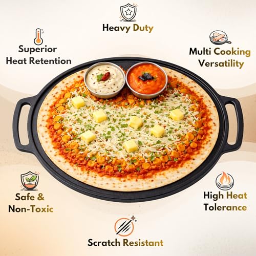 Image of Cast Iron Dosa Tawa 28 cm | Double Handle Flat Tawa for Dosa, Roti & Uttapam | Pre-Seasoned Cast Iron | Gas & Induction Compatible (28 cm)