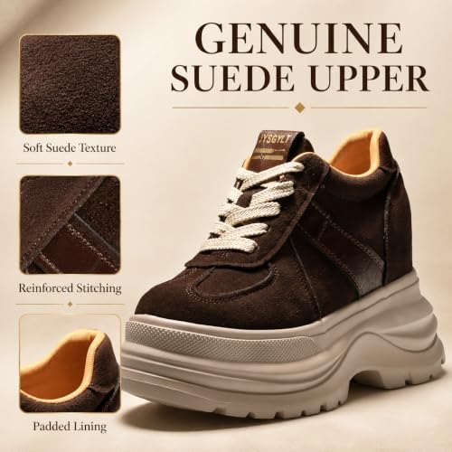 Image of Comfortable Women's Platform Sneakers, 5 Inch Heel Wedge Sneakers for Women, 12cm High Chunky Platform Shoes, Genuine Suede Leather Upper Casual Walking Shoes for Office Working Everyday wear