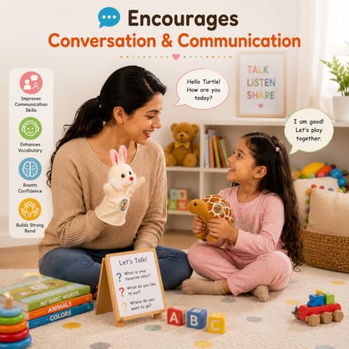 Image of Chi-Chimpu Toyss Rabbit & Turtle Hand Puppet Plush Toy Combo | Storytelling Educational Hand Puppets for Kids | Interactive Learning, Role Play, Parent-Child Bonding | Nursery, Preschool | 2-in-1 Set
