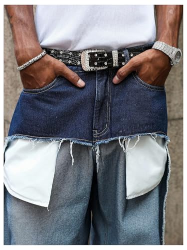 Men's Y2k Patchwork Jeans Vintage Frayed Straight Leg Hip Hop Denim Pants with Pockets Streetwear4