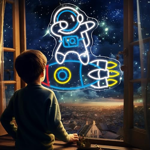 Image of Astronauts & Rockets Neon Sign, Dimmable Spaceman LED Neon Light for Wall Decor Space Room Decor for Gifts for Teen Kids, Man Cave,Game Room