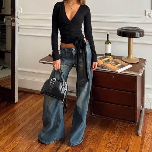 Edhomenn Blusa Y2K para mujer, color liso, con lazo cruzado, para verano, casual, manga larga, cuello en V profundo, yoga, pilates, ballet, entrenamiento, Negro, L