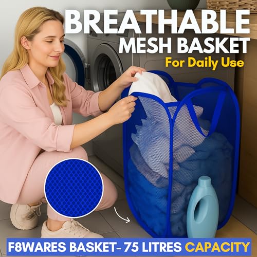 Image of F8WARES 2PK 75 Litres Nylon Mesh Foldable Laundry Basket for Clothes - Odourless Breathable Laundry Bag for Clothes with Carry Handles - Kids Toy Baskets For Storage & Dirty Cloth Basket Hamper Blue