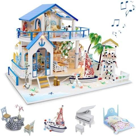 DIY Wooden Miniature Dollhouse Villa Model With Furniture Kid Toy Miniature DIY Dollhouse Kit - Wooden Asian Palace- Architecture Model kit (Dollhouse Blue Sea) Cover