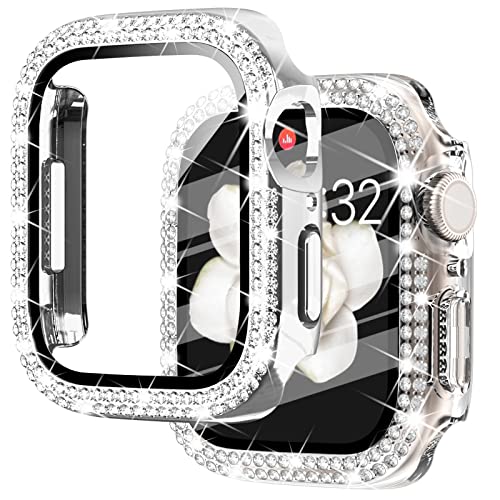 NewWays 2 Pack Compatible with Apple Watch Case 41mm Built-in Screen Protector,Women Diamond Bling Cases for iWatch Series 9 8 7,Silver/Clear