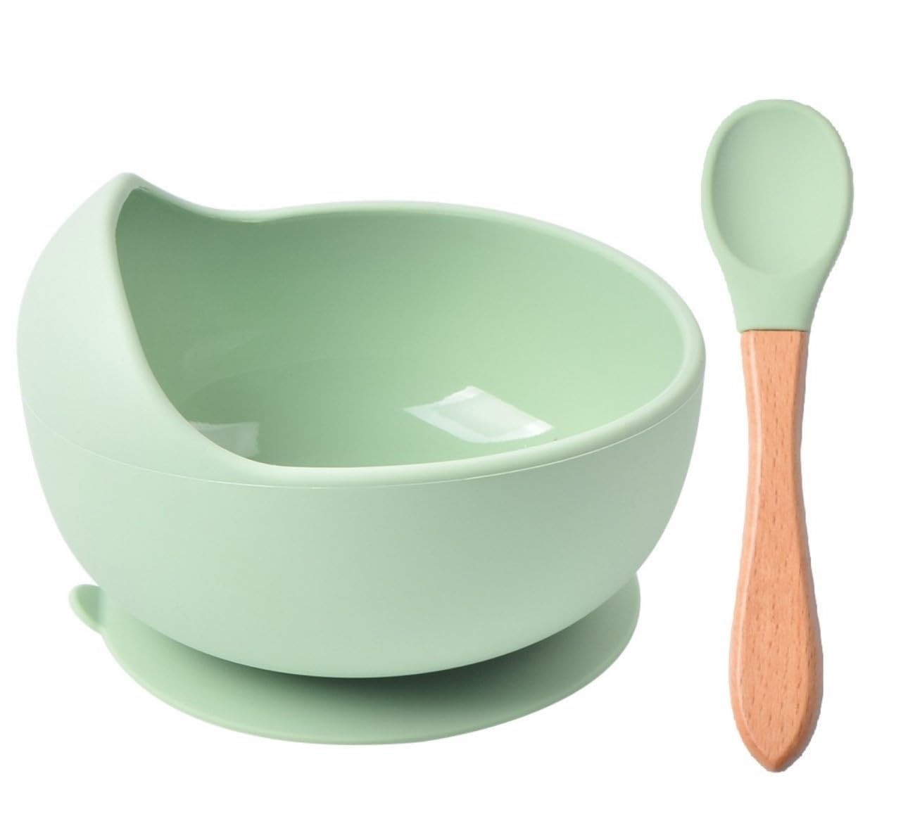 Xacton Baby Feeding Bowl & Wood Handle Spoon I Silicone Unbreakable Non-Slip Suction Base Design I BPA Free, Dishwasher, Freezer & Microwave Safe I Feeding Kit for Infants & Toddler (Green)