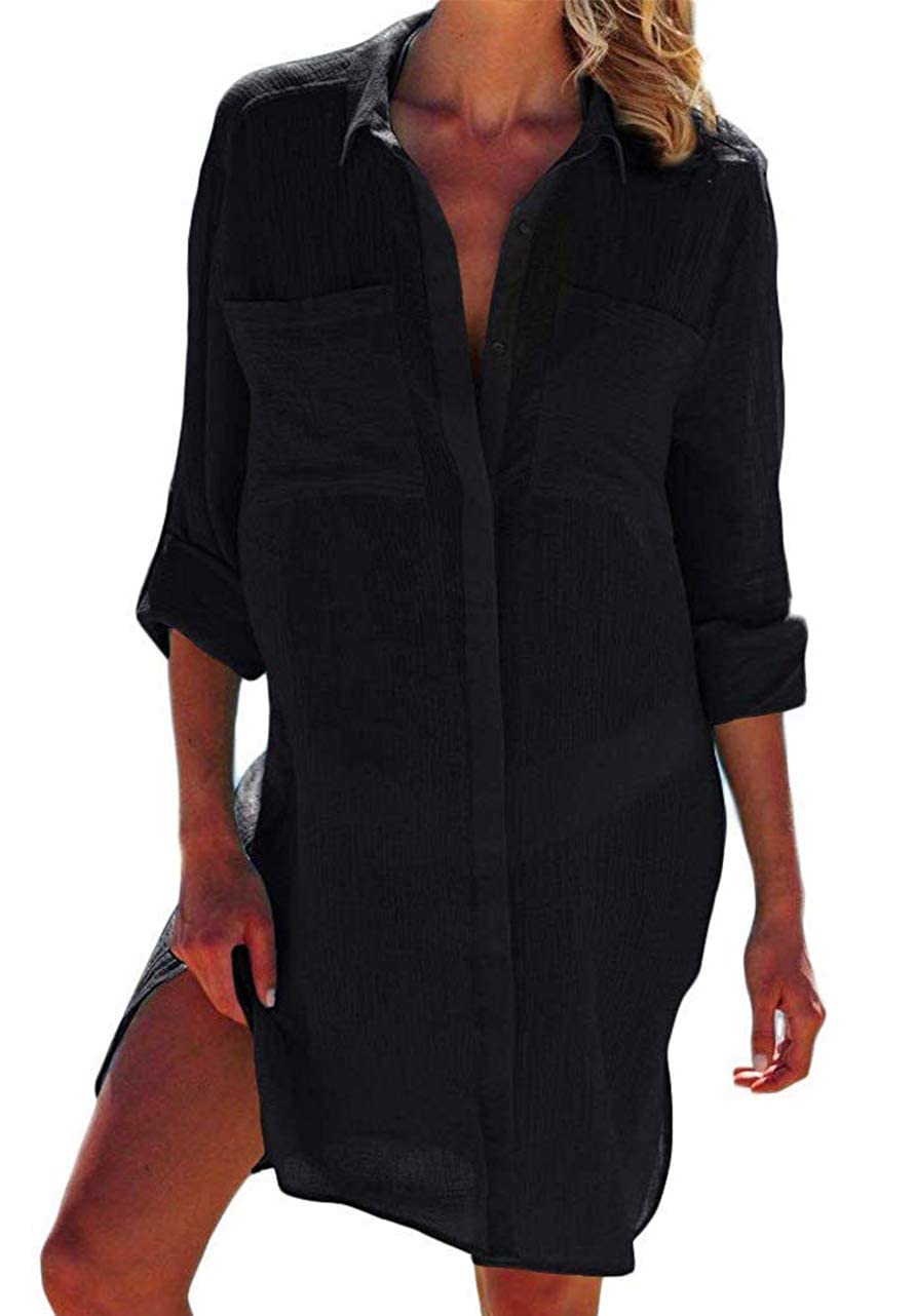JFAN Vestidos Verano para Mujer Botón de Bolsillo Camisa de Playa Manga Larga Casual de Color Sólido