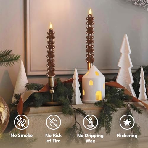 Image of Crystal Club Christmas Flameless Taper Candles with Remote, Carving Gingerbread Men Battery Operated Flickering LED Candlesticks for Holiday Party Decor, Table Centerpiece, Set of 2