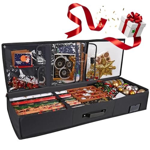 GuKKK Geschenkpapier Aufbewahrungstasche Geschenkpapierrollen Tasche Faltbar mit Transparentes Innenfutter und Visitenkartenhalter & Griffe 600D Oxford papier Aufbewahrung 96 * 35 * 16CM (Schwarz)