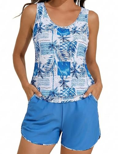 Hilor Women's Blouson Tankini Swimsuits with Board Shorts Flowy Tummy Control Bathing Suits Modest Two Piece Swimwear with Pockets Blue Coconut Tree Pattern XL