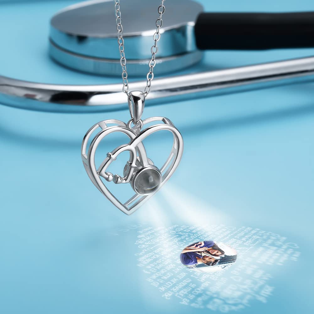 Roseinside Personalized Heart Stethoscope Projection Necklace, 925 Sterling Silver Personalized Nurse Necklace, Medical Jewelry for Doctor Nurse Medical Student RN Nurse