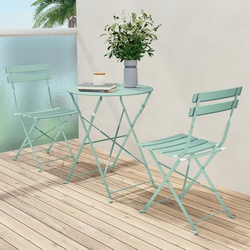 Grand Patio Premium Steel Patio Bistro Set, Folding Outdoor Patio Furniture Sets, 3 Piece Patio Set of Foldable Patio Table and Chairs, Mint Green