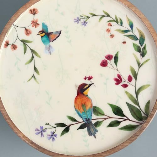 Image of SAAGA Begonia Round Printed Wooden Cake Stand | 9.75 x 4.75 Inch Mango Wood Cake & Pizza Display Stand | Decorative Dessert Platter for Dining Table, Parties & Celebrations