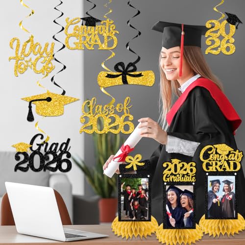 Image of Graduation Decorations 2026 - Black Gold Congrats Grad Party Supplies Include Glitter We are So Proud of You Banner, Hanging Swirls and Honeycomb Centerpieces for Photo Toppers