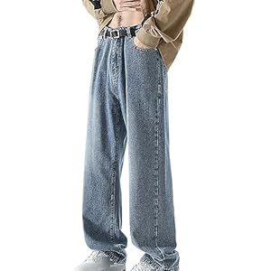 Men’s Loose Straight Leg Jeans Casual Baggy Wide Leg Denim Trousers Elastic Waist Lightweight Jean Pants