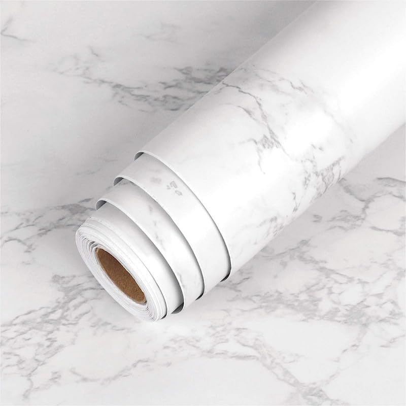 Image of HOME13 Vinyl Self Adhesive White Grey Matte Marble Removable and Decorative Vinyl Wallpaper for Kitchen Countertop Cabinets Table, 2 Ft x 12 Ft with 2pcs