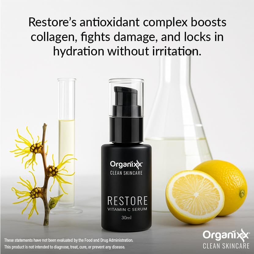 Miniatura 6 de Organixx Restore Vitamin C, suero facial diario con ácido hialurónico, vitamina E orgánica, hamamelis, glicerina y aloe vera, fórmula iluminadora,