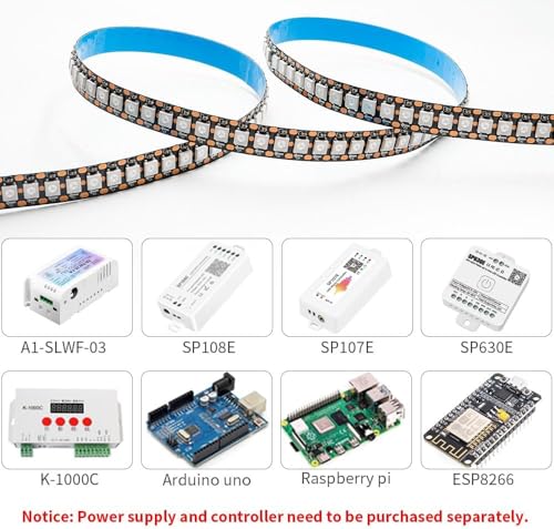 Image of WS2812 LED Strip, 1m, 144 LEDs /m, 5V, Individually Addressable, Cuttable,10mm, Non-Waterproof, Indoor Use, High-Density Dream Color, Easy Install with Adhesive, (WS2812-144LED /METER, 1 Meter)