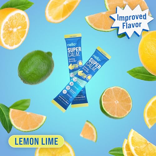 Image of Nello Supercalm Powdered Drink Mix, Cortisol Reducer* and Sleep Aid Supplement, L Theanine, Ksm-66 Ashwagandha, Magnesium Glycinate, Vitamin D 3, No Sugar, Non GMO, On The Go, 20 Ct, Lemon Lime