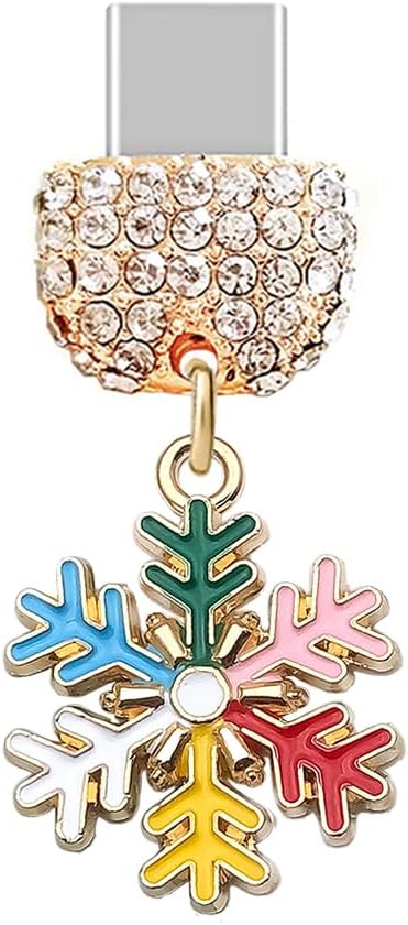 ELISE & FONDA TP901 Type-C Charging Port Crystal Anti Dust Plug Little Christmas Snowflake Cell Phone Charm for iPhone 15/16/Samsung/OnePlus/Xiaomi/oppo Android Phones (Rainbow)