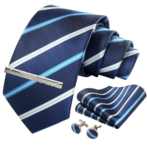 Image of Striped Plaid Polka Dot Mens Tie Formal Necktie Pocket Squares Ties Clips Cufflinks Classic for Men Set