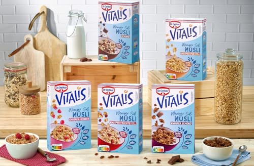 Dr. Oetker Vitalis Weniger süß 5er Probier-Set, Knuspermüsli mit 30% weniger Zucker, Knusper Pur, Knusper Schoko, Schoko, Knusper Himbeere, Knusper Früchte, 5er Pack