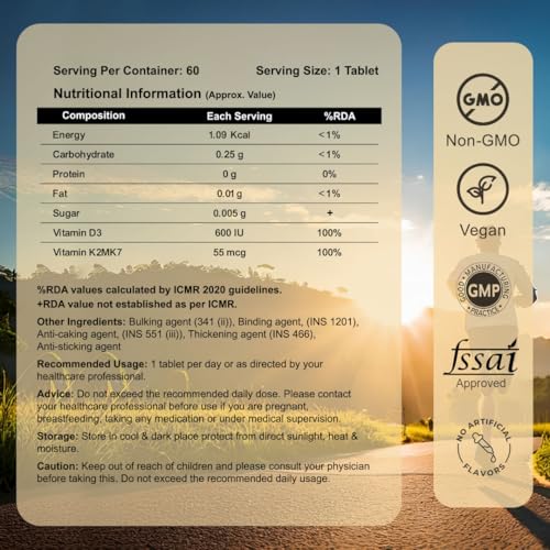 Image of CUREFOREVER Vitamin D3 + K2 (MK-7) Tablets - Vegan Vitamin D Supplement Supports Bone & Immunity, Vitamin D3 K2 for Men & Women | High Absorption Vitamin D Tablets, 60 Days Serving