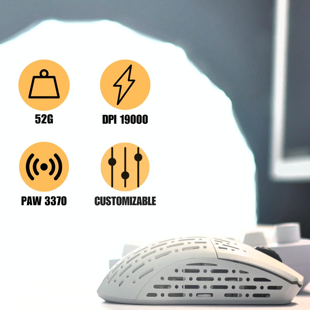 Sleeper, mouse wireless da gioco, 19000 DPI, 53 g, leggero, 6 pulsanti programmabili, lunga durata della batteria, sensore PAW3370, per Esports/FPS Gaming/laptop/PC/Mac/Windows, bianco