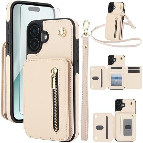 Asuwish Phone Case for iPhone 16 Plus 6.7 inch RFID Wallet Cell Cover with Tempered Glass Screen Protector Crossbody Strap Credit Card Holder Slot Stand i Phone16 16+ i16 + 16Plus Women Men Beige