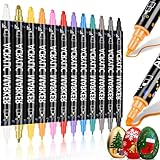 12 Farben Acrylstifte mit Doppelspitze, Christmas Acrylstifte Set für Basteln Kunstbedarf Steine Wasserfest 0.5-5mm Dual Tip Marker (runde und feine Spitze) für Rock Painting, Holz, Glas, Keramik