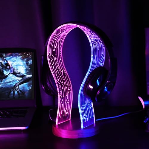 CoolGift Mart Gamer Geschenke, Beleuchteter Kopfhörerständer, Geschenke für Gamer und Musikliebhaber, Walnussholz Headset-Halter mit blau-rosa LED-Nachtlicht, ideales Schreibtisch-Accessoire