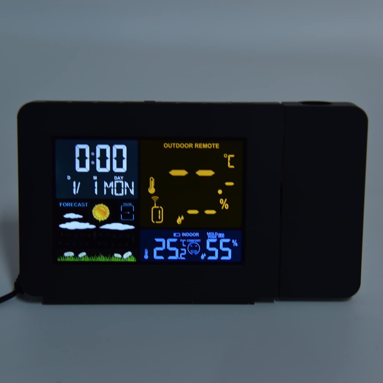 Cryfokt Digitales Hygrometer, Wecker, Projektion, Innen- und Außenthermometer für Zuhause, Büro, 1 Empfänger aus Kunststoff