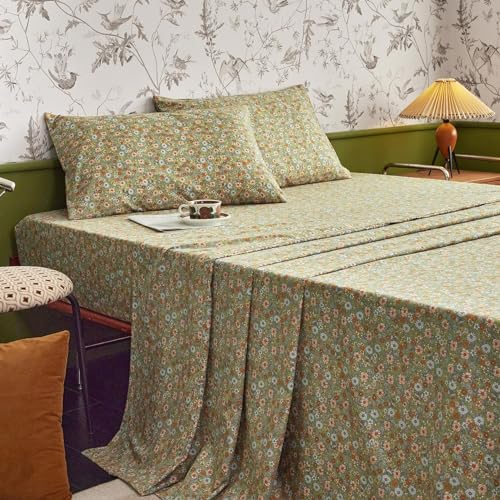 Wake In Cloud - Floral Bed Sheets 4-Piece Sheet Set Shabby Chic Flower Pattern Printed Country Coquette Cottage Aesthetic Bedding Deep Pocket Olive Green Queen Size