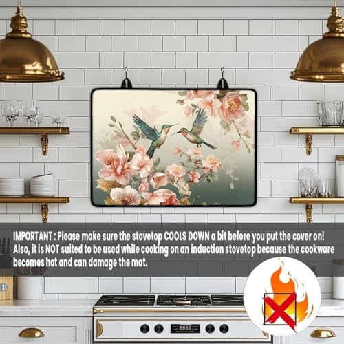 Image of Poceacles Ceramic Glass Stove Top Cover Stove Mat Stove Burner Cover Multipurpose Rubber Desk Saver Pad Washer Dryer Top Cover Range Cover for Counter Top, Hummingbird Flower