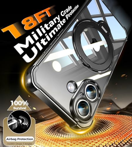 Image of Soft Case for iPhone 16 with 360 Rotating Magnetic Stand, Compatible with Mag-Safe, 4X MIL-Drop Protection, Lightweight Glossy Anti-Yellowing Clear Back Phone Cover for iPhone 16, Black