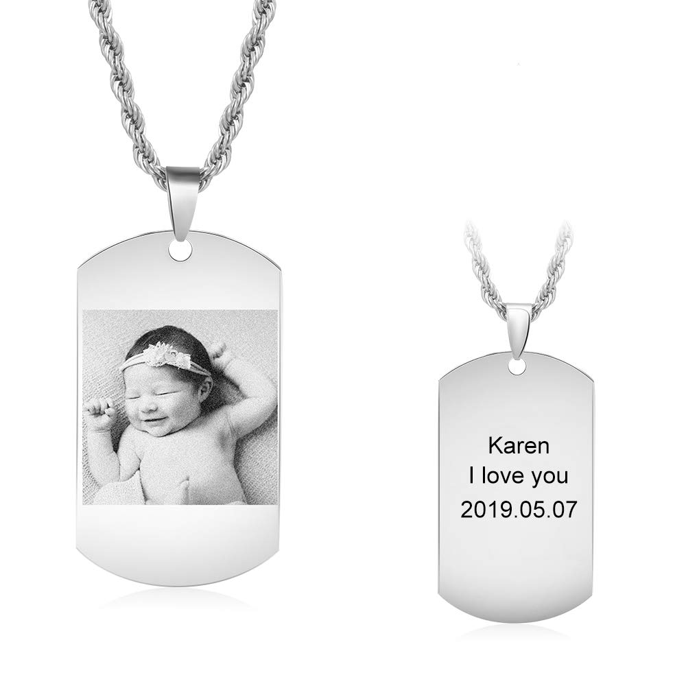 LovejewelleryPersonalizada Placa de Identidad para Hombres Acero Inoxidable 316L Collar ID con Informaciones Grabados y Foto Personalizada Colgante Rectangular Etiqueta Perro
