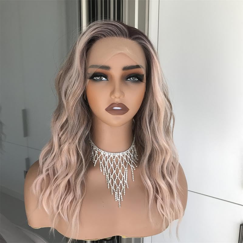 Aisom Mila Apricrown Water Wave Free Part Lace Front Wig with Scandinavian Hairline 16 Inch Heat Friendly Synthetic Lace Wig for Womem Low Density Daily Use
