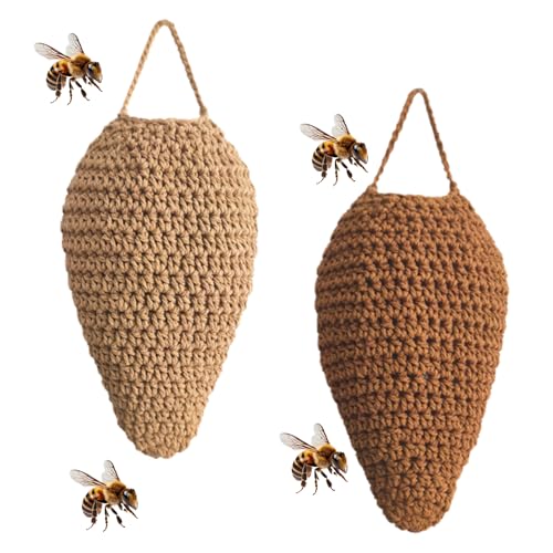 2 Pack Crochet Wasp Nest Decoy Wasp Repellent Fake Wasps Nest Hanging Waspinator Imitated Nests Hornets Repellents fillable Artificial Nest Decoys Hornet Nest for Wasps Eaves Garden Yard Decoration