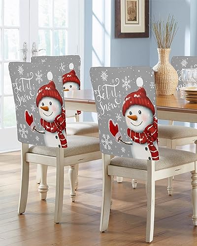 Grey Snowman Christmas Chair Covers Set of 4 for Dining Room, Xmas Winter Snowflake Chair Back Cover, Gray Removable Kitchen Chair Slipcovers Seat Protector for Party Banquet Christmas Decorations