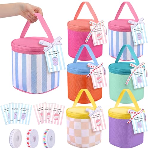 Kacctyen 6 Pcs Summer Teacher Appreciation Gifts Colorful Cooler Bags with Ribbon & Thank You Tag Canvas Cooler Bag Insulated Lunch Bags for End of Year Graduation Teacher Gift from Student