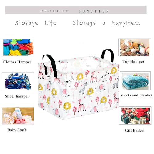 Image of Gift Toy Storage Basket for Girls and Boys, Storage Organizer for Nursery Hamper Home Bedroom Laundry Hamper Shelf Easter Baskets (Pink Zoo)