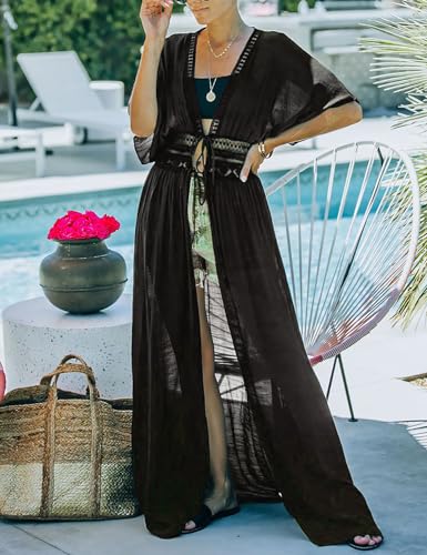 FANCYINN Womens Long Lace Cover up Sheer Bikini Coverups Kimono Tie Front Bathing Suit Swimsuit Beachwear3
