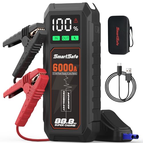 SmartSafe Starthilfe Powerbank 6000A 24000mAh Autobatterie Ladegerät Booster 88.8W Schnellladung mit Intelligentes Starthilfekabel LED Taschenlampe/USB für 10,0L Benzin und 8,0L Dieselmotor