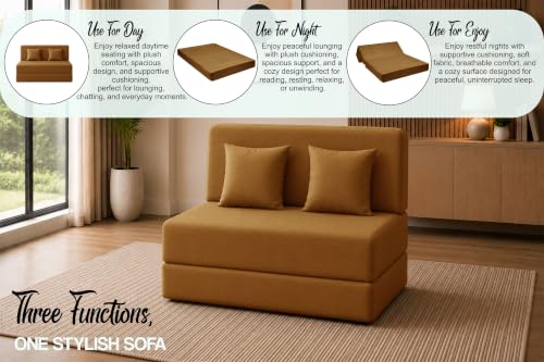 Image of Sofa Cum Bed with Jute Fabric, Convertible Two Seater Sofa Bed 4x6 Ft, Comfortable Cushioned Seating, Space Saving Design for Living Room, Bedroom & Guest Room - Golden Color